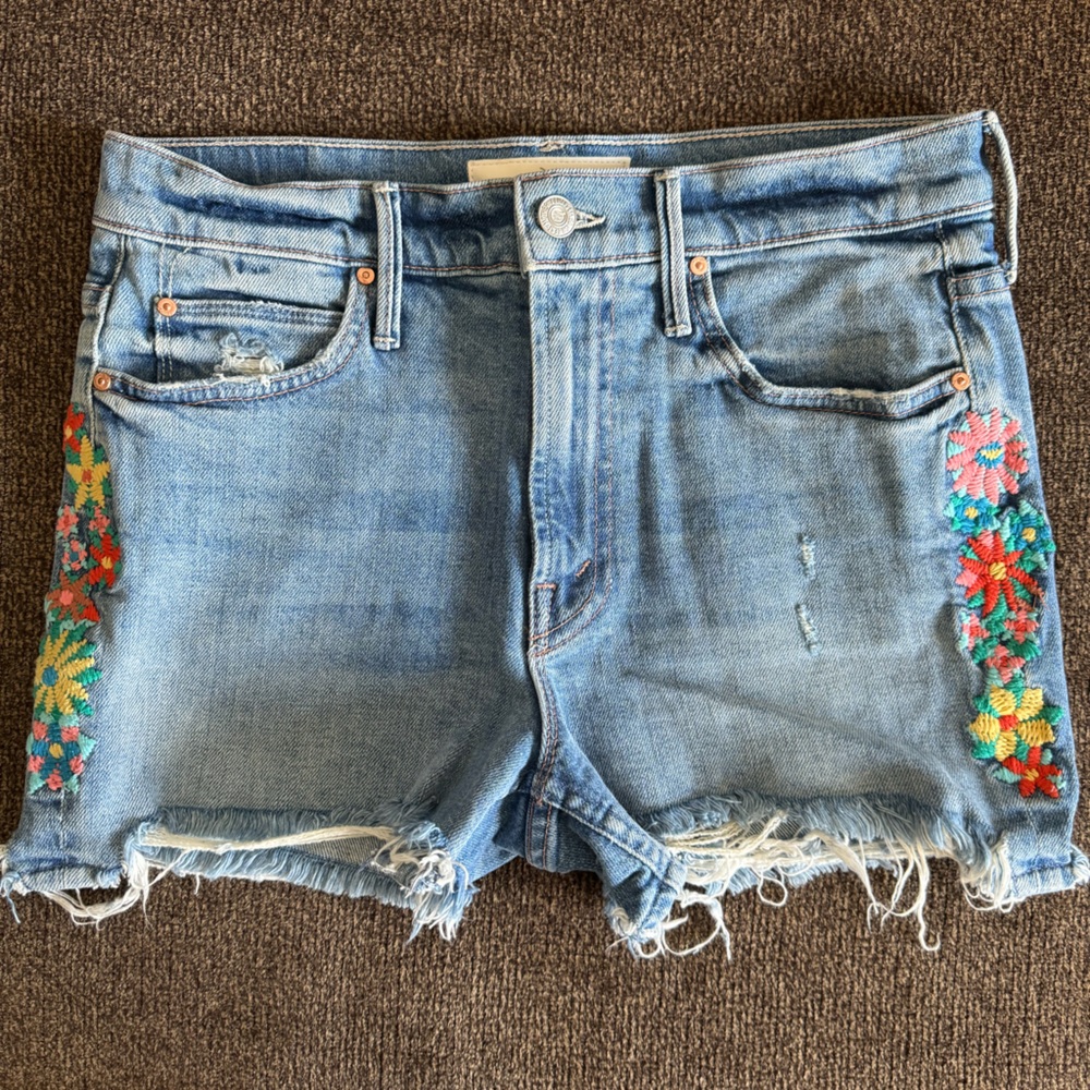 MOTHER Blue Jean Shorts with Colorful Floral Embroidery